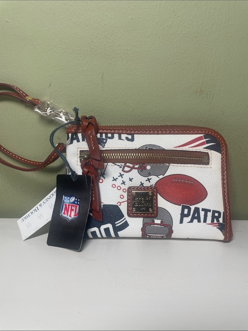 Dooney & Bourke White and Brown Patriots Zip Wristlet